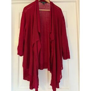 Lauren Ralph Lauren Red 100%‎ Linen Open Front Waterfall Cardigan 3X RN 41381